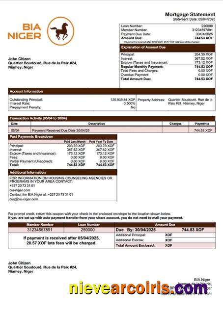 Niger Banque Internationale pour l'Afrique au Niger (BIA Niger) mortgage statement Word and PDF template